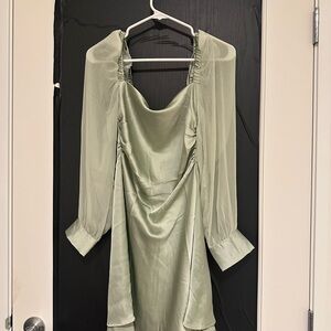 Shop WeWoreWhat Green Silk Dress with Sheer Sleeves